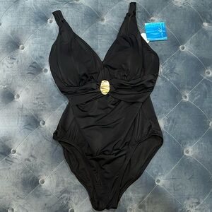 Alia black/gold bathing suit size 12DD v neck NWT